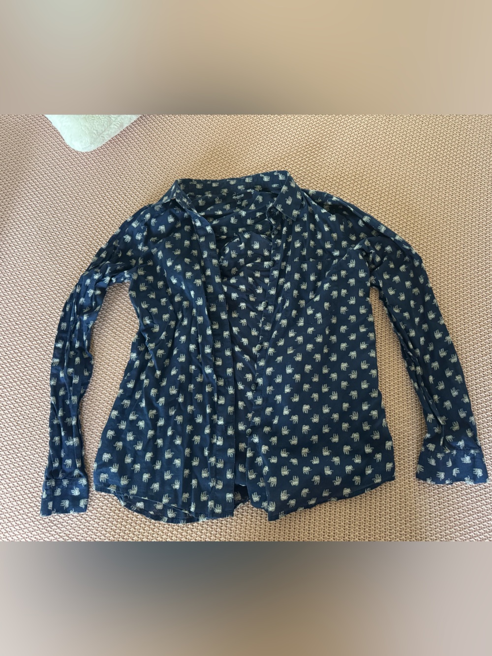 Madewell Navy Elephant Printed Long-Sleeve Button Front Blouse